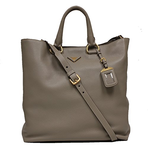 Prada Textured Dove Grey Taupe Beige Leather Shopping Tote Bag Large Shoulder Handbag BN1713