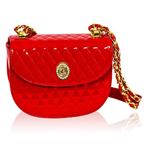 Valentino Orlandi Italian Designer Fire Red Quilted Leather Half Moon Chain Bag
