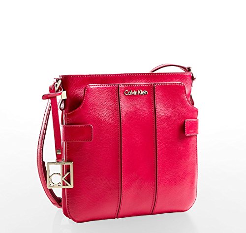 Calvin Klein Womens Caitlin Double Pocket Leather Crossbody Bag Berry