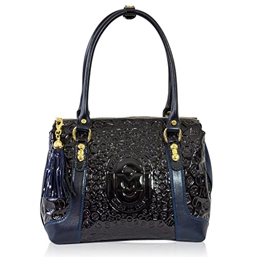 Marino Orlandi Italian Designer Blue Sun Ray Monogram Leather Boxy Satchel Bag