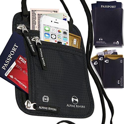 Neck Wallet Passport Holder & Travel Pouch RFID Blocking + 5 Extra Bonus Sleeves