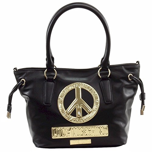 Love Moschino Women’s Peace Black Leather Bucket Tote Handbag