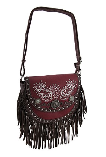 Fringed Saddle Bag w/Embroidered Eagle and Conchos Studded Cross Body Purse