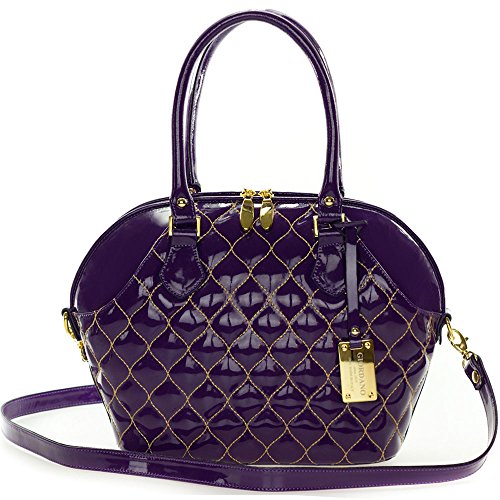 Giordano Italian Made Tote Handbag in Purple Patent Quilted Leather with Gold Stitching