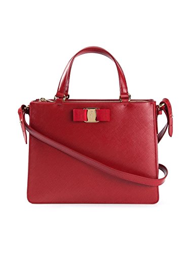 SALVATORE FERRAGAMO Tracy Red Saffiano Leather Bow Satchel Crossbody Handbag