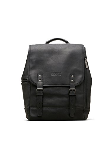 Kenneth Cole Reaction Colombian Leather Single Gusset Flapover Computer Backpack, 14.1″, Black
