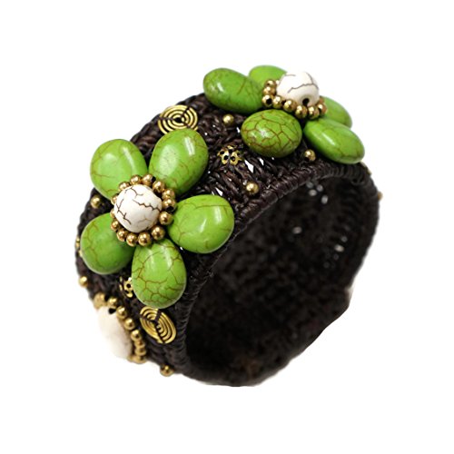 PtPt, Green Flowers Beads Stone on Adjustable Bangle Wax Cord Wrap, Bracelet Fashion Jewelry for Women