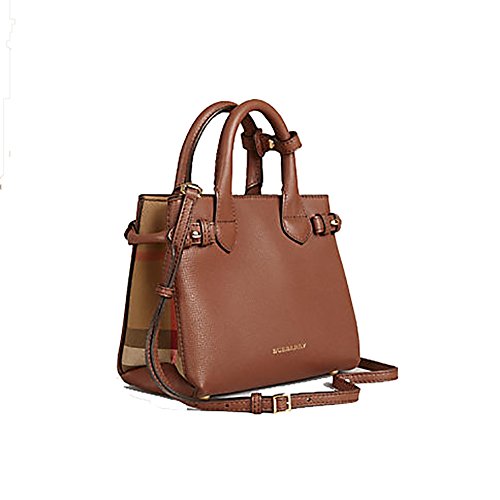Tote Bag Handbag Authentic Burberry The Baby Banner in Leather and House Check Ink Tan Item 40140781