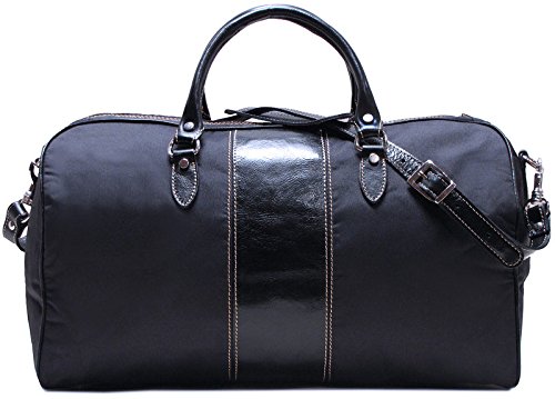 Floto Venezia Duffle Bag in Black Teflon Coated Nylon with Leather Trim