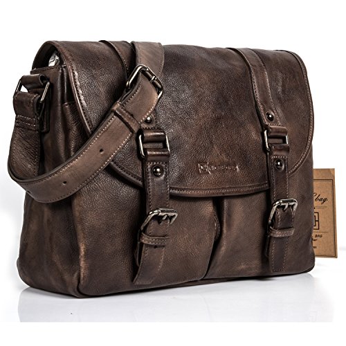NiceEbag 13.3 Inch Laptop Briefcase Men Messenger Bag Retro Style Genuine Leather Bag Shoulder Bag Satchel Bag (Bronze)