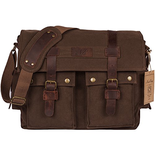 NiceEbag 17.3 inch Laptop Unisex Casual Leather Vintage Canvas Satchel School Military Shoulder Messenger Bag (Coffee)