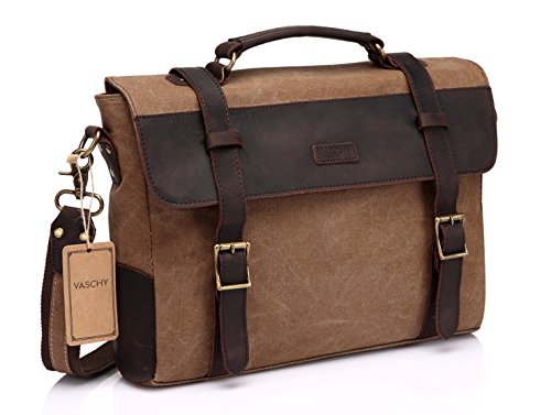 Vaschy Unisex Classic Leather Shoulder Bag Satchels Briefcase with Detchable Strap Camel