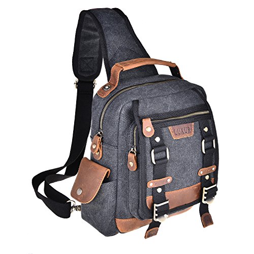 LUXUR Vintage Canvas Leather Chest Bag Shoulder Sling Backpack Messenger Daypacks