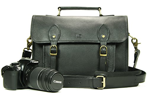 Leftover Studio Pebeled Leather Camera Bag DSLR Messenger Shoulder Case with Removable Camera Caddy 15 Inch Black