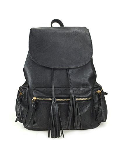 Meshed Zipper Pocket Tassel Drawstring Backpack for Women Girl Casual Daypacks (Black)