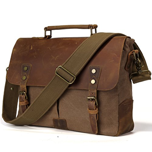 TIDING Men Retro Canvas Leather 14 Inch Laptop Vintage Messenger Bag Satchel Briefcase Cross Body Shoulder Bag