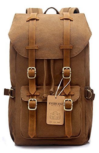 EverVanz Outdoor Canvas Leather Backpack, Travel Hiking Camping Rucksack Pack, Large Casual Daypack, College School Backpack, Shoulder Bags Fits 15″ Laptop Tablets