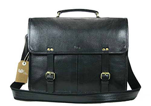 Leftover Studio Double Pocket Messenger Bag / Satchel / Briefcase /Shoulder Bag in Black Top Grain Cow Leather