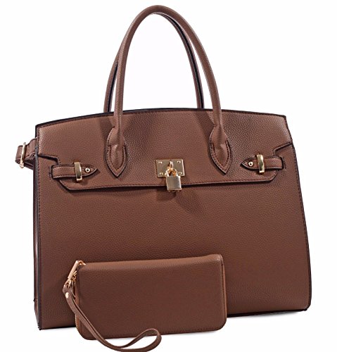 Deluxity Large Padlock Accent Structured Business Satchel + Wallet- Coffee