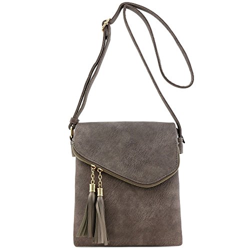 Double Compartment Flapover Medium Crossbody Bag with Tassel Accent