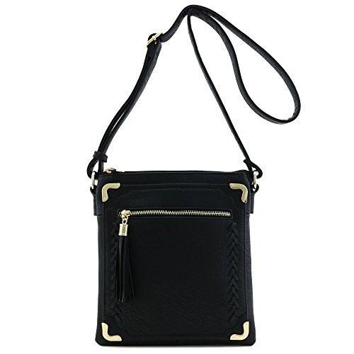 Double Compartment Whipstitched Crossbody Bag with Tassel Zipper Accent