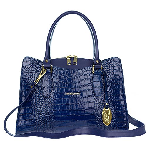 Giordano Italian Made Blue Crocodile Embossed Leather Tote Handbag