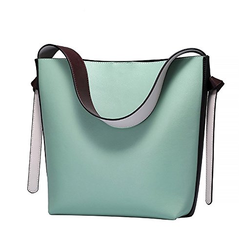 S-ZONE Women’s Color Blocking Leather Tote Shoulder Bag Handbags Hot (Light green-Black)