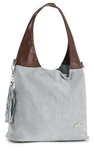 Agnes by “LiaTalia” Womens Girls Genuine Italian Suede and Soft Leather Hobo Shopper Shoulder Tote Handbag [Light Grey – Brown Trim]