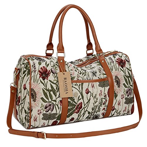BAOSHA HB-29 Ladies Women Canvas Carry-on Weekender Bag Travel Duffel Tote Bag Weekend Overnight Travel Bag (Light flower)