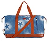 BAOSHA HB-14 Canvas Leather Travel Duffel Bag Carry on Weekender Overnight Bag for Women and Ladies Oversized (Blue Star)