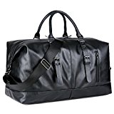 BAOSHA Canvas PU Leather Travel Tote Duffel Bag Carry on Bag Weekender Overnight Bag (PU Black)