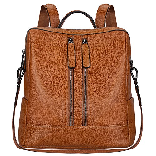 S-ZONE Lightweight Women Genuine Leather Backpack Casual Shoulder Bag Purse Medium (Brown)