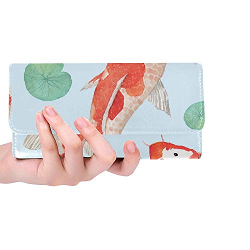 Unique Custom Japanese Koi Fish And Lotus Leaf Women Trifold Wallet Long Purse Credit Card Holder Case Handbag