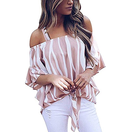 Wobuoke Women Striped Spaghetti Strap Off Shoulder Waist Tie Blouse Half Sleeve Casual T Shirts Tops