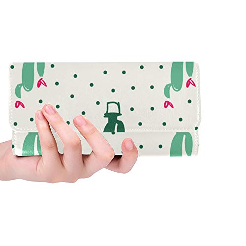 Unique Custom Green And Pink Cactus And Heart Shaped Flowers Women Trifold Wallet Long Purse Credit Card Holder Case Handbag