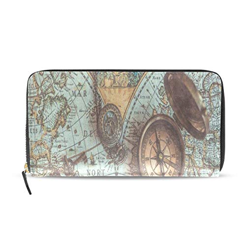 Womens Wallets Antique Pirate Compass World Map Leather Passport Wallet Change Purse Zip Handbags