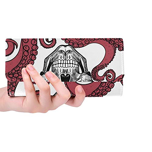 Unique Custom Skull And Tentacles Of The Octopus Women Trifold Wallet Long Purse Credit Card Holder Case Handbag