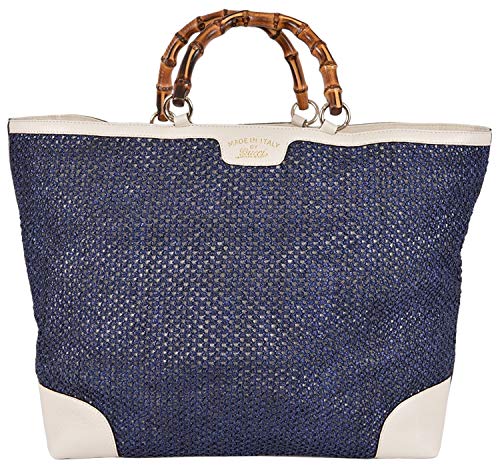 Gucci Women's Large Blue Straw Leather Bamboo Handle Handbag Tote