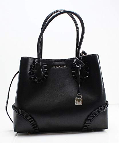 Michael Michael Kors Mercer Gallery Leather Ruffle Trim Medium Center Zip Tote Handbag in Black