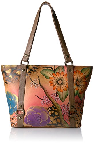Anna by Anuschka Women’s Genuine Leather Classic Large Tote | Hand Painted Original Artwork | Zip-Top Handbag |Floral Safari Brown