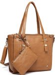 Tote Bag for Women,VASCHY Faux Leather Top Handle Triple Compartment Satchel Work Handbag Purse for Ladies with Little Pouch Camel