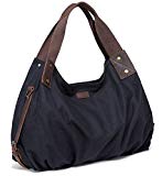 Canvas Hobo Bag,VASCHY Vintage Large Leather Canvas Tote Handbag for Women Top Handle Work Bag Black with Detachable Shoulder Strap