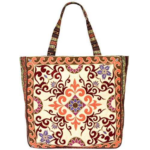 Vintage Bohemian Summer Embroidered Large Tote Bag Tapestry Shoulder Bag Women Handbag (Beige&baby pink)